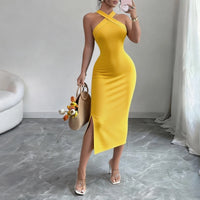Women'S Burgundy Halter Neck Sleeveless Stretchy Knit Bodycon Midi Dress Side Slit Elegant Summer Party Evening Dress Outfits