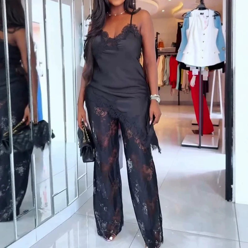 Sexy Lace Spliced Satin Sleeveless Tops Pants Matching Sets Fashion Solid Color Slim Two Piece Sets Elegant Lady Hollow Out Sets