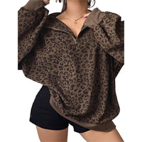 Women'S Half Zip Stand Collar Leopard Ribbed Oversized Sweatshirt Gray S