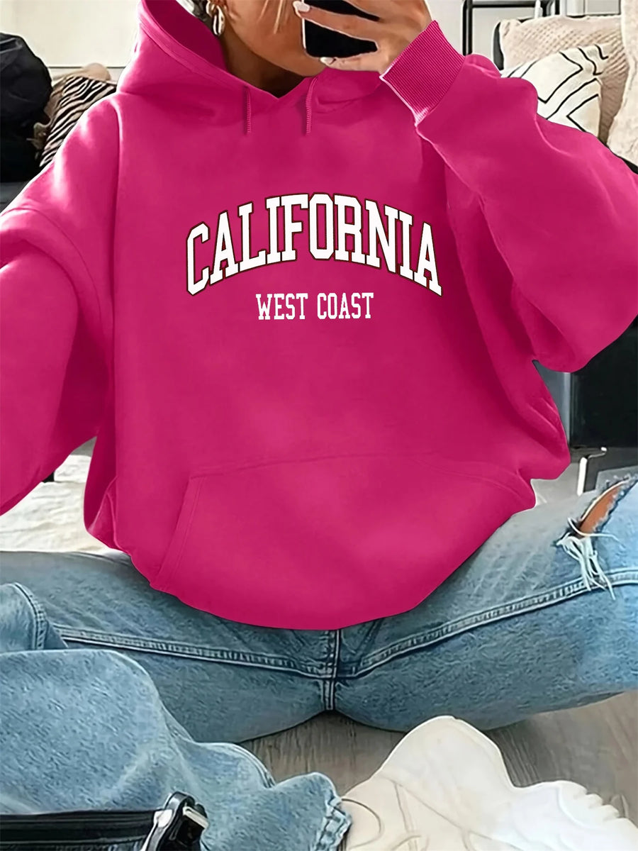 Women'S Autumn and Winter Casual Fashion Loose California West Coast Printed Hooded Drawstring Long Sleeved Warm Pullover
