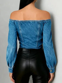Yeezzi 2026 New Women'S off Shoulder Denim Blouse Fashion Washed Asymmetrical Button up Long Sleeves Streetwear Trendy Tops