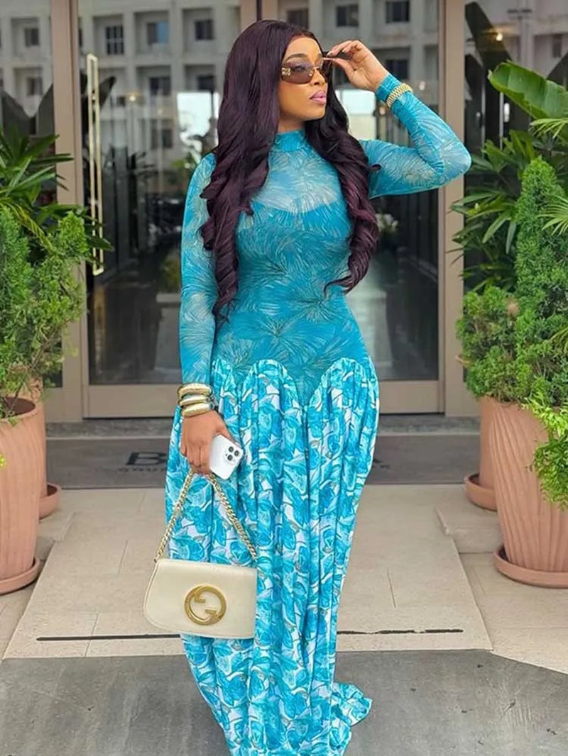 A Line Maxi Dress for Women Autumn Light Blue Long Sleeve Dress Slim Waist Mid-Turtleneck Chic Elegant Evening Dresses Ladies