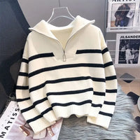 Women zipper sweater striped pullover front view