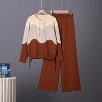 Women Knitted Pullove Two Piece Outfit Spliced Hooded Crop Top Elastic Waist Wide Leg Pants Casual Tracksuit Outfits Autumn