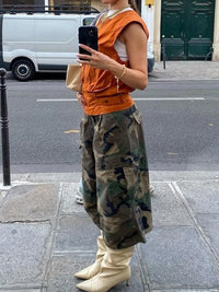Streetwear Camouflage Cargo Pants Summer Clothing Women High Waist Calf Length Wide Leg Pants Female Casual Camo Capris Trousers