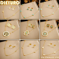 316L Stainless Steel Tree of Life Turquoise Golden Necklace Earrings for Womens 2024 New Party Gift Fashion Jewelry Set