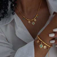Ethnic Stainless Steel Bracelet Necklace Set for Woman Green Stone Pendant Necklace Luxury Bridal Wedding Jewelry Accessories