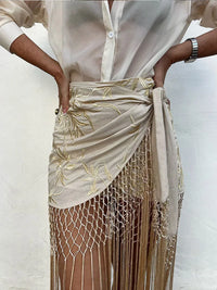 Women'S Fashion Embroidered Sexy Tassel Spliced Skirt Female Temperament High Waist Knot Asymmetrical Casual Midi Skirt
