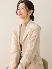 New Women 100% Merino Wool Knitted Solid Color Hodded Long with Two Pockets Cardigan Thick Comfortable Top Warm Soft Clothing