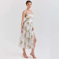 Floral Print Pleatred A-Line Midi Long Dress Women Halter 2026 Summer Dress Backless Nightclub Sexy Party Dresses