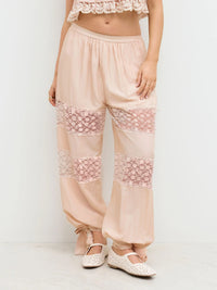 Women’S Solid Color Bloomer Pants Casual Elastic Waist Lace Patchwork Tie Knot Hem Pants Korean Chic Capris