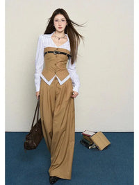 Autumn Korean Style Fake Two Piece Splicing Slim Fit Long Sleeve Shirt High Waist Wide Leg Pants Set Two Piece Set Women Outfits