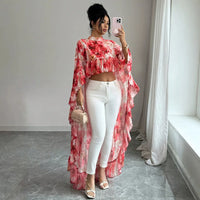 2026 Summer Women'S Stand Collar Printed Ruffle Chiffon Blouse Resort Style Flowing Cover-Up Summer Dresses 2026 Vestidos Boho