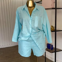 J2740 Fashion Women'S Sets Boutique Street Wear Long Sleeve Single Breasted Diamond Linen Shirt and Shorts 2 Piece Set
