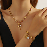 316L Stainless Steel Flower Zircon Starburst Square Pendant Necklace Bracelet Set Women New Waterproof Jewelry Gift Set