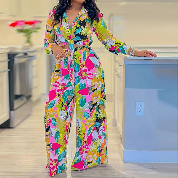 Turn-Down Collar Bandage Top Two Pieces Sets, Women Spring Summer Loose Wide Leg Pants Outfit, Long Sleeve Simple Ladies Suits