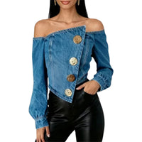 Yeezzi 2026 New Women'S off Shoulder Denim Blouse Fashion Washed Asymmetrical Button up Long Sleeves Streetwear Trendy Tops