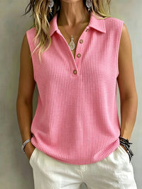 Women'S Casual Sleeveless Polo Shirt, Soft Waffle Knit V-Neck Vest, Button Placket, Solid Pink Loose Fit Summer Top, Suitable Fo