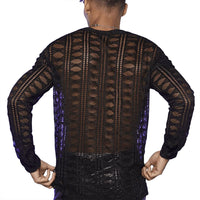 Men'S Mesh See through Mesh Sexy V Neck Shirt Long Sleeve Fishnet Hollow Out Vintage Streetwear Party Clothing S-2XL