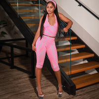 Retro Striped Headband Hanging Neck Top, Slim Fit Shorts, Fashionable Three Piece Set