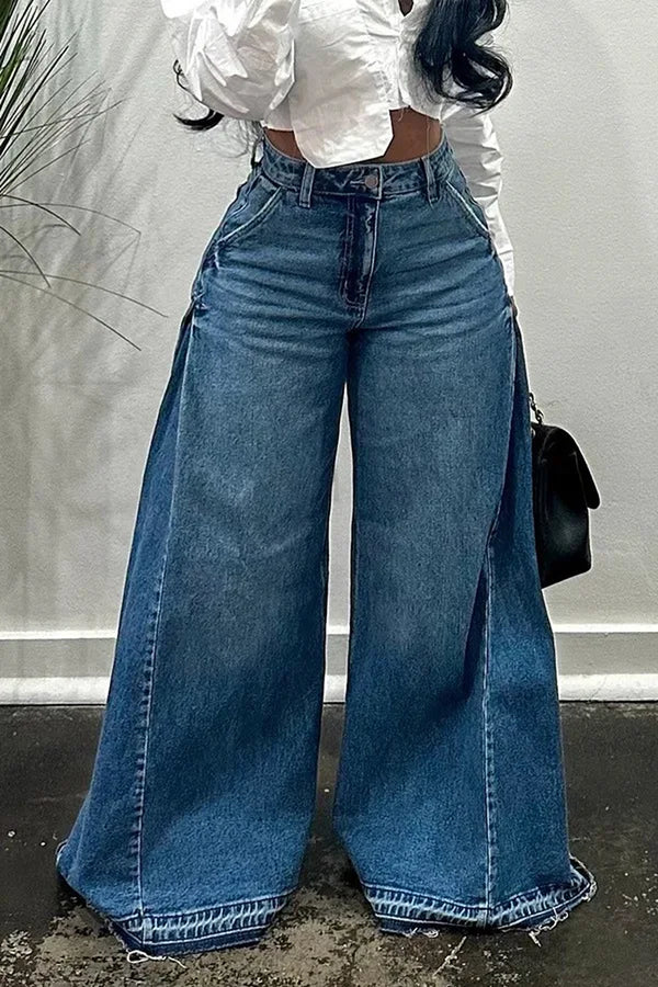 European American New Fashion Women'S Spliced Casual Trendy Loose Wide Leg Flare Denim Trousers Female Streetwear Jeans Pants
