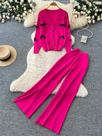 SINGREINY Female Autumn Knit Suits Bow Embroidery V Neck Cardigans+Elastic Wide Leg Pants 2026 Casual Daily Loungewear 2Pcs Sets