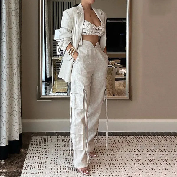 Spring Autumn New Women'S 2Pcs Sets Elegant Long Sleeve Blazer Suit and Wide Leg Cargo Pants Set Solid Color Office Lady Suit