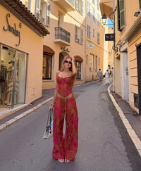 Floral 2 Piece Matching Sets Spaghetti Strap Lace up Corset Drawstring Wide Leg Long Pants Suit Women Chic Vacation Beach Outfit