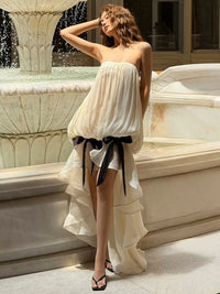 Elegant Dress Women Bow Tassel Decoration Irregular Ruffles Hem Chest Wrap Folds Sleeveless Birthday Party Bodycon