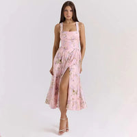 Floral Print Pleatred A-Line Midi Long Dress Women Halter 2026 Summer Dress Backless Nightclub Sexy Party Dresses