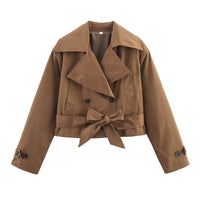 2025 New Women'S British Wind Trench Coat Style Double-Breasted Long Sleeve Belt Lapel Jacket Short Coat