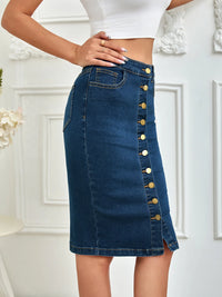 2025 Spring New Women'S Summer Front Multi-Button Denim Skirt Fashion Elastic Knee Length Slim Hip-Hugging Jeans Pencil Skirt
