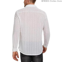 Spring/Summer Hollow-Out Mesh Trend Top Sexy Night Club Party Wear [Star'S Same Style] Men'S Long-Sleeved Lace Perspective Shirt