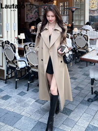 Spring Autumn Long Khaki Trench Coat for Women with Back High Slit Belt Elegant Chic Stylish Luxury Overcoat Women 2026