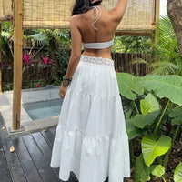 Women Stylish Summer Two Piece Set Lace Trim Cami Top and Tiered Maxi Skirt Boho Female Versatile Date Vacation Party Beachwear