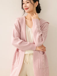 New Women 100% Merino Wool Knitted Solid Color Hodded Long with Two Pockets Cardigan Thick Comfortable Top Warm Soft Clothing