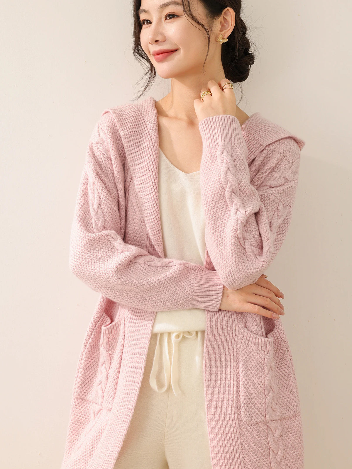 Cardigan long femme 100% laine mérinos à capuche