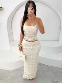 Mesh Backless 2 Piece Set Women Halter Lace-Up See through Crop Tops+Loose Elegant Long Skirts Vacation Trend Outfits