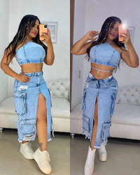 Mid Length Skirts Women Denim Skirt Hole Pockets a Line Slit Slim Y2K Streetwear Elegant Splice Y2K High Waist Summer 2025
