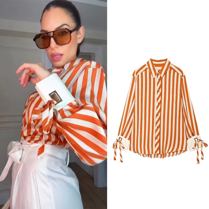 Women'S Shirt 2026 Summer New Fashion Bow-Tie Striped Shirt Jacket for Women Elegance Chic New Daily Ladies Shirt