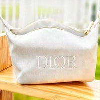 ’S Bag Elegant White Canvas Cosmetic Storage Bag Handheld Embroidered Logo Travel Toiletry Pouch Multi-Purpose Daily Carry