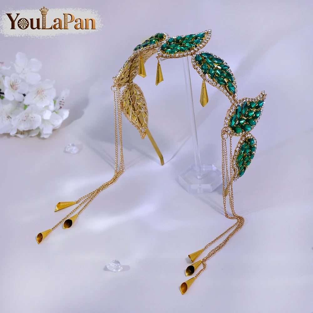 Luxury Green Color Rhinestone Leaf Bride Headband Golden Color Metal Tassel Hair Hoop Wedding Hair Accessories A365