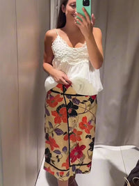 TFMLN Women Vintage Floral Print Midi Skirt Front Split Hem Straight High-Waisted 2026 Summer Pencil Skirt Chic Casual Lady New