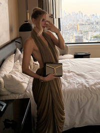 Ruched Halter Maxi Dress Women Sleeveless Backless Irregular Hem Solid Vacation Classic Basis Prom Party Elegant Vestidos
