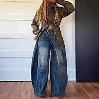 Wide Leg Pants Women Vintage Denim Jeans Punk Style Loose Trousers Stretch Mid Waist Washed Distressed 2026 Mom Streetwear