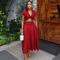 Elegant Women'S Clothing with High-End Pleated Design, A-Line Skirt Set V-Neck Short-Sleeve, Light Luxury New Two-Piece Set