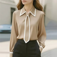 Women'S Blouse Fashion Shirt Formal Bow Tie Long-Sleeve Contrasting Trim Tops Slim-Fit Workwear Elegant Office Lady Shirts Women