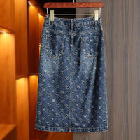 Spring Love Jacquard Denim Skirt Women Autumn 2025 New Casual Slim Split Buttock Skirt with Pockets Female Long Denim Skirts