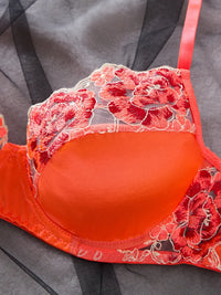 Elegant Lingerie Set Luxury Embroidery Satin Underwear Mesh Splicing Sexy Women'S Lingerie Orange Ultrathin Comfort Bralette Set