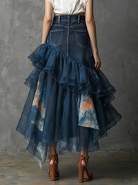 Women'S Organza Splice Denim Ruffle Maxi Skirt High Waisted Asymmetrical Sheer Tulle Layered Skirt Female Fashion Outfits Skirts